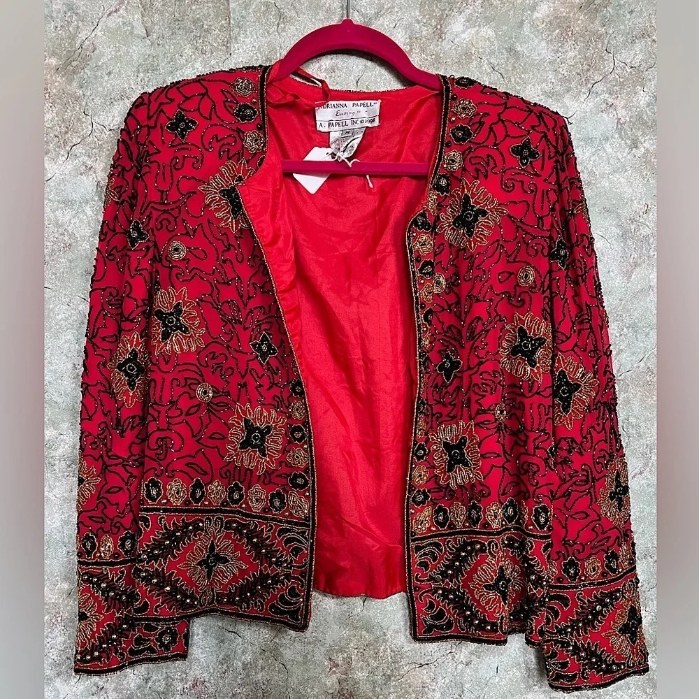 Adrianna Papell 1994 Vintage Red and Black Beaded Blazer with Embroidery - Picture 3 of 8